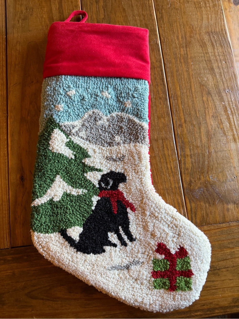 Festive Black Dog Holiday Stocking with Red Cuff